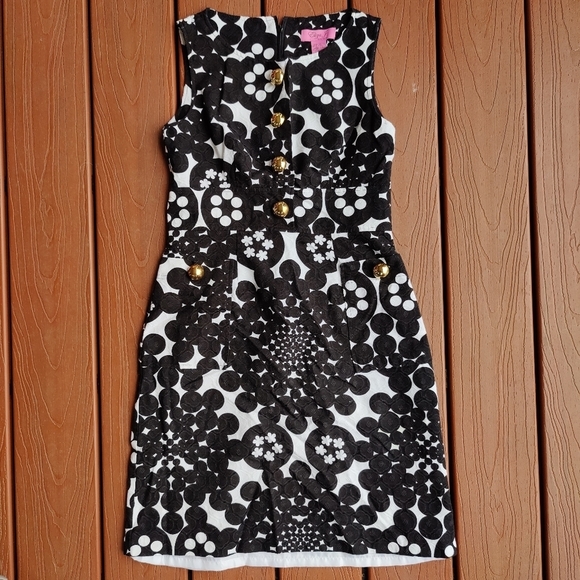 Eliza J Dresses & Skirts - Eliza J Missy Fit & Flare Black White Dot Gold Button Sleeveless Dress Size 6